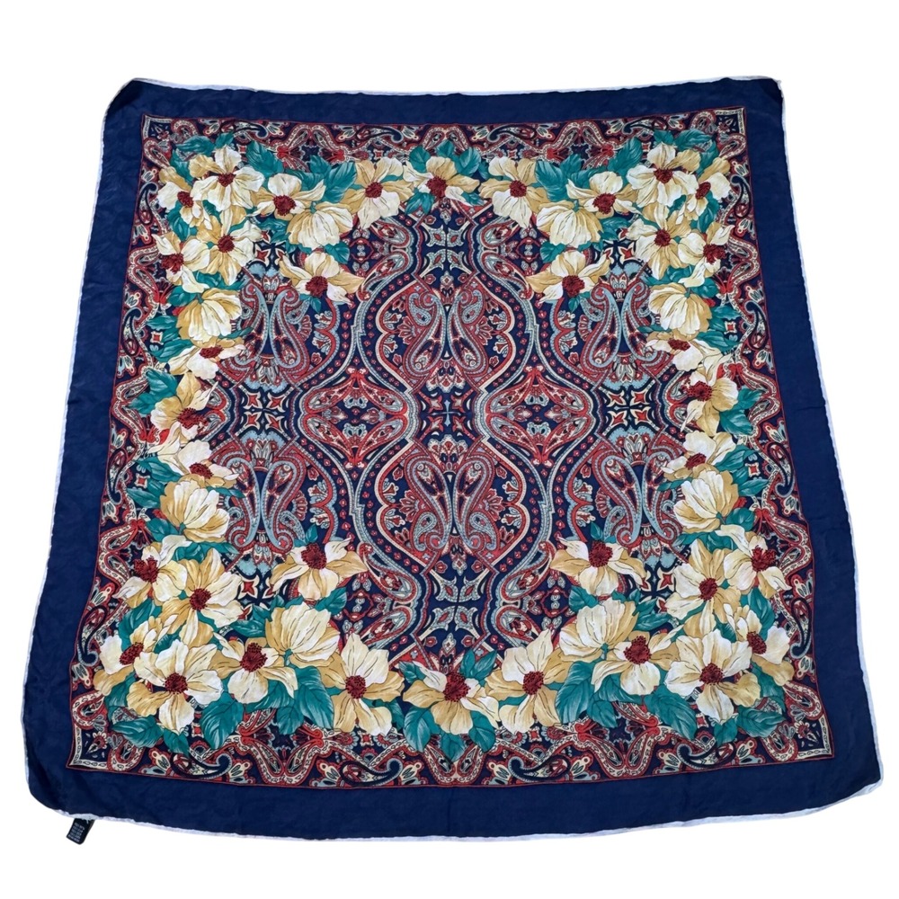 Vintage Made In Italy 100% Silk Scarf Navy Blue Floral Paisley Jacquard 32x32